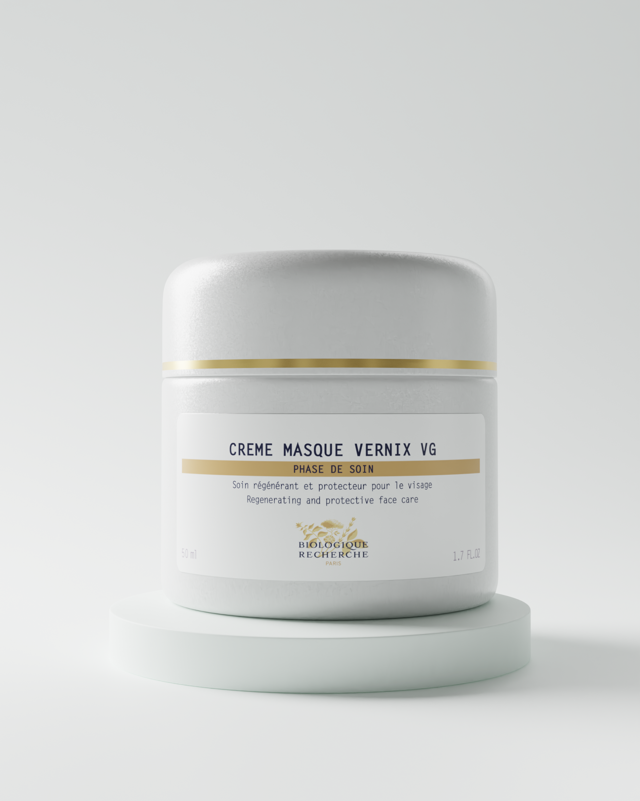 White jar of Crème Masque Vernix VG with gold text and minimalist white lid on round white pedestal.