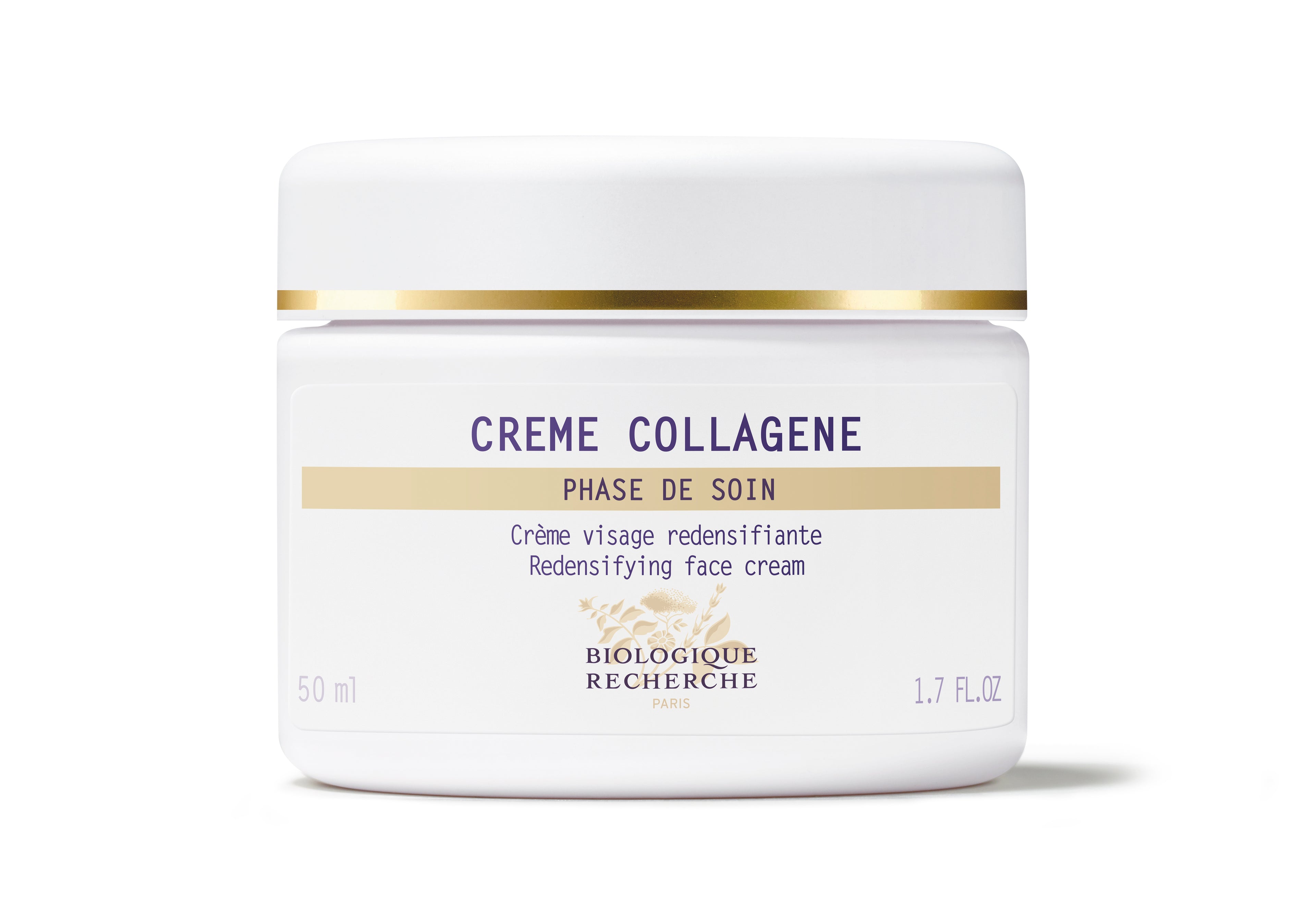 White jar of Crème Collagène face cream with gold accents and black text on label.