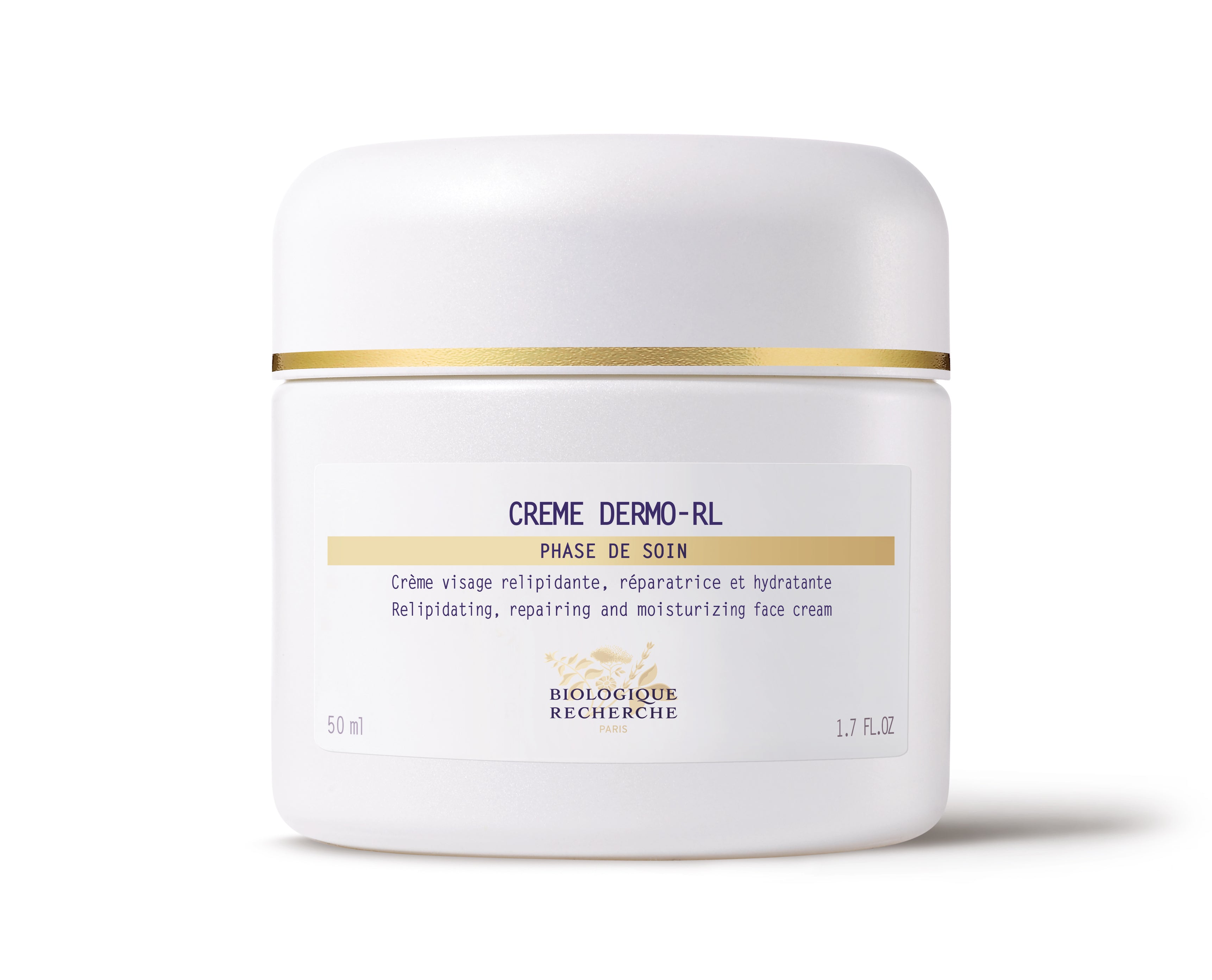 White jar of Crème Dermo-RL moisturizer with gold trim and Biologique Recherche branding.