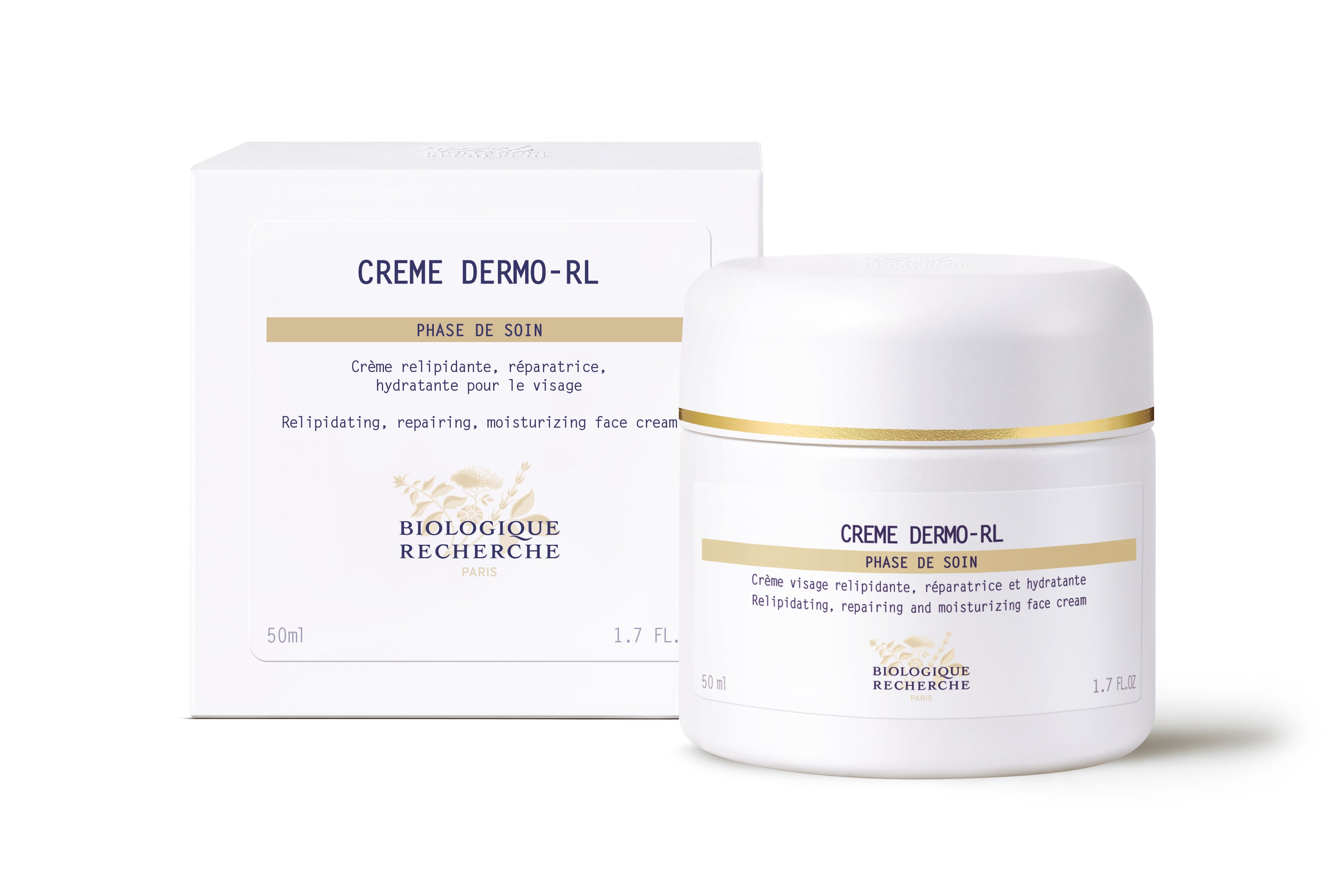 White jar of Crème Dermo-RL moisturizer with gold accents next to matching white box on white background.