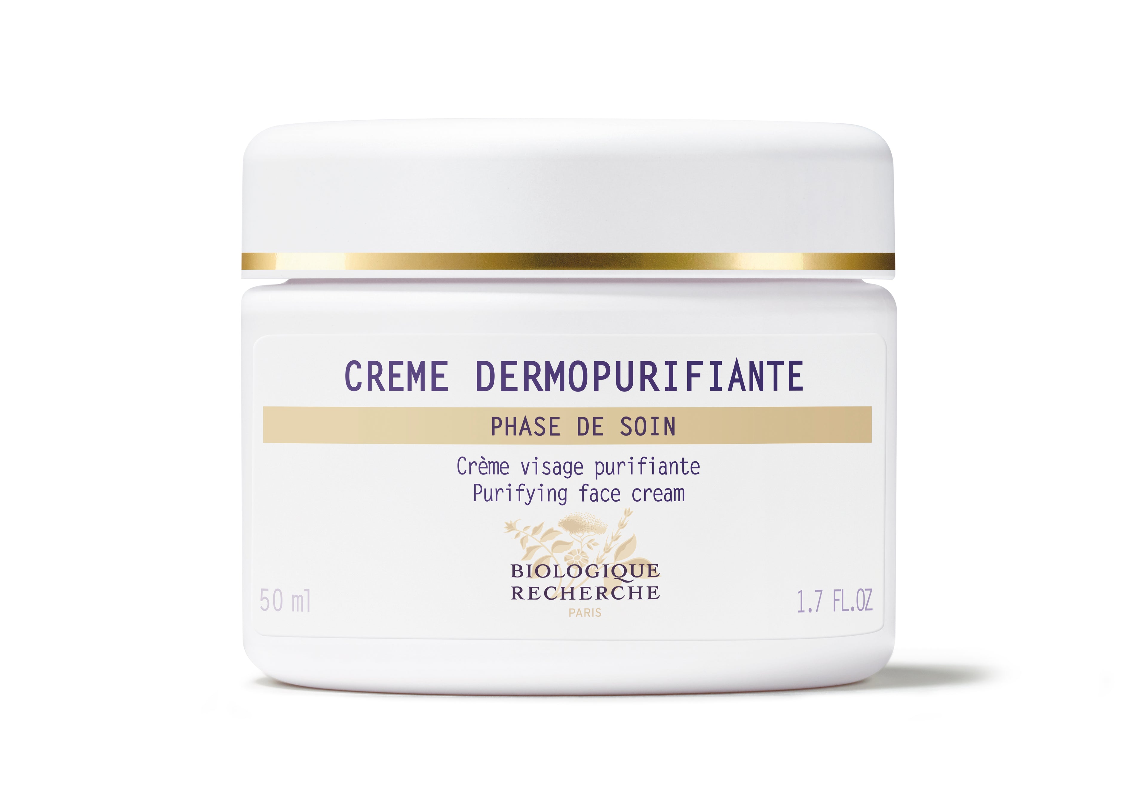 White jar of Crème Dermopurifiante purifying face cream with gold and purple detailing on label.