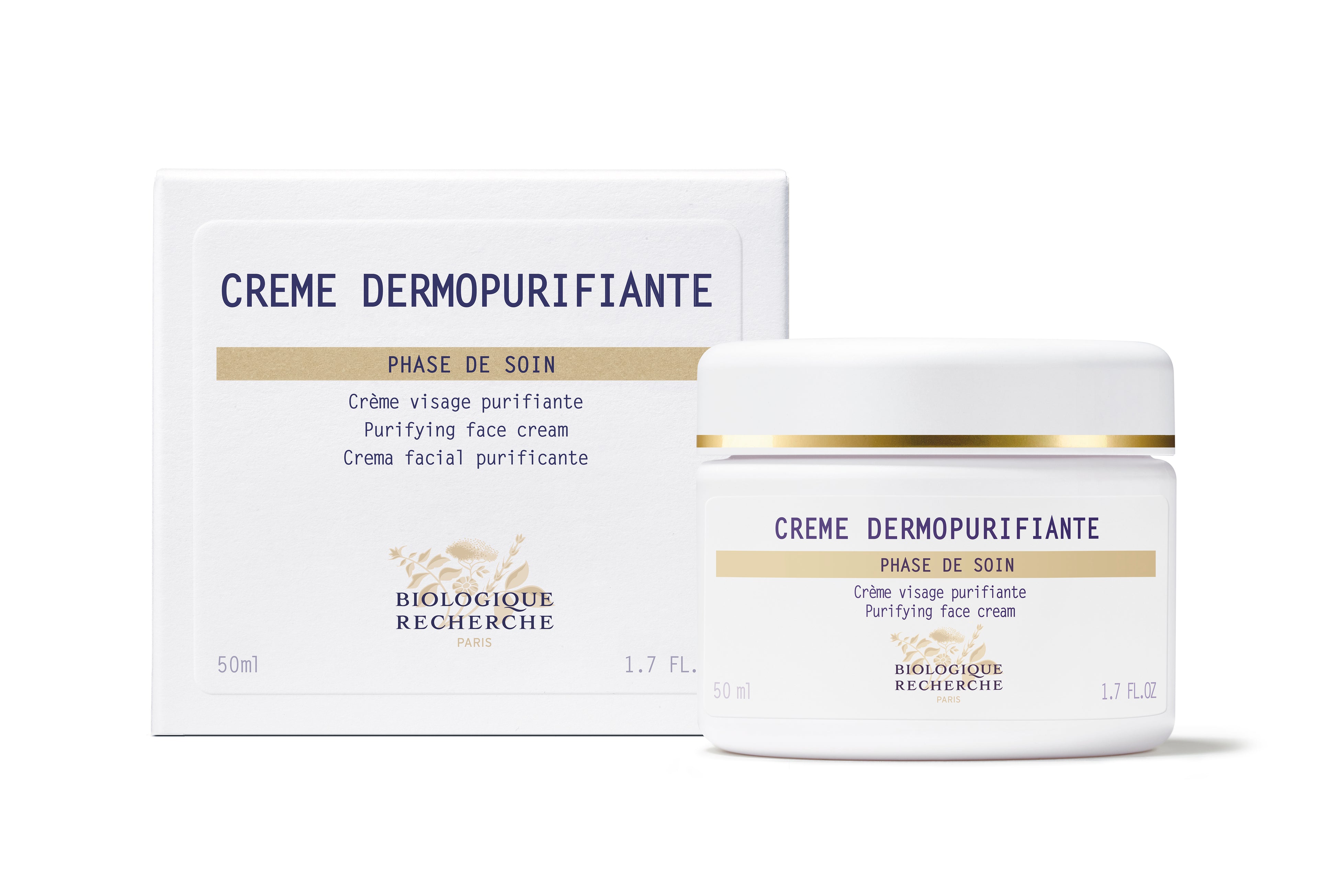 White jar and box of Crème Dermopurifiante with gold and navy text, Biologique Recherche branding.