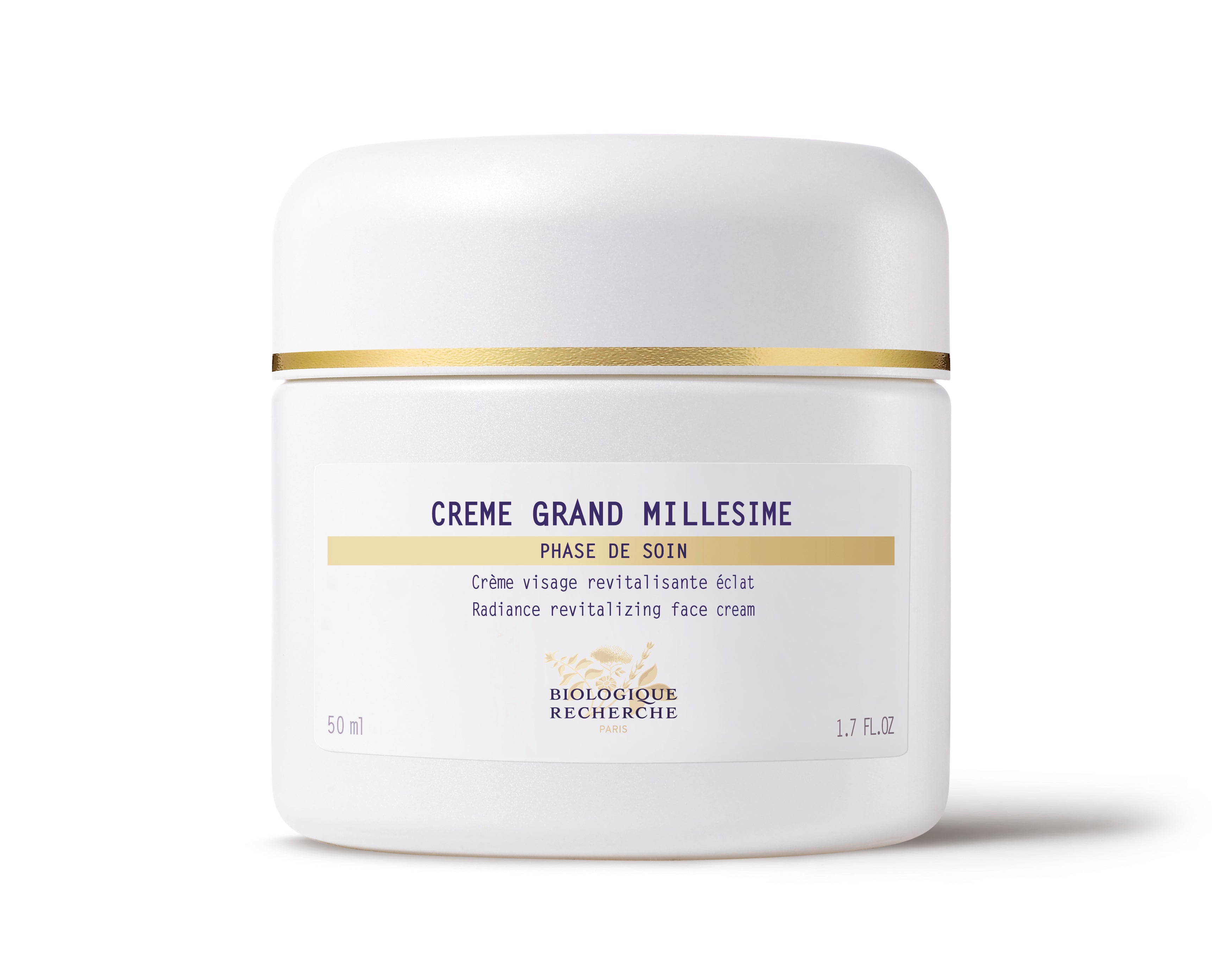 White jar of Crème Grand Millésime by Biologique Recherche with gold trim and black text.