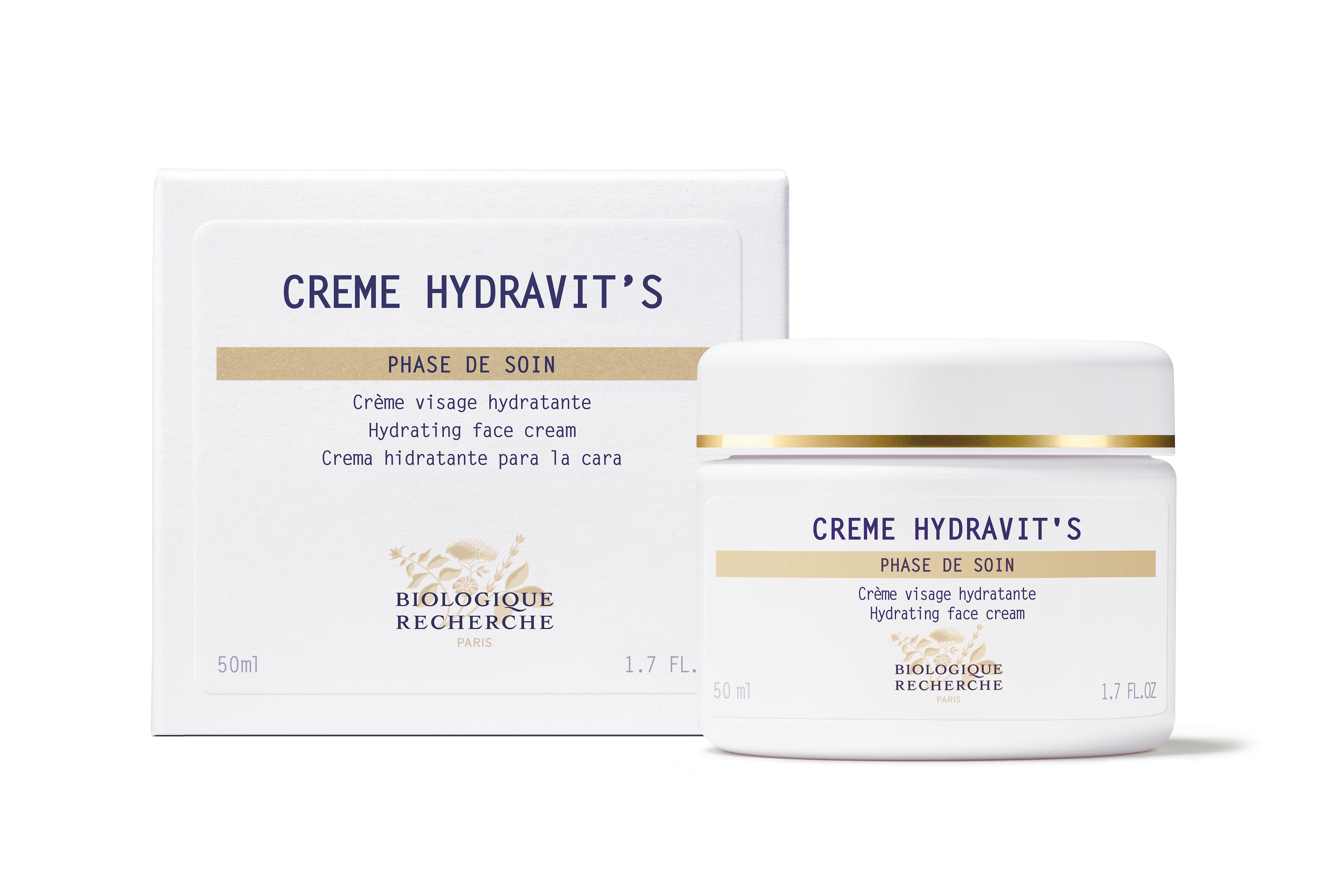 Biologique Recherche Crème Hydravit’S hydrating face cream in white jar with gold accents and matching box.
