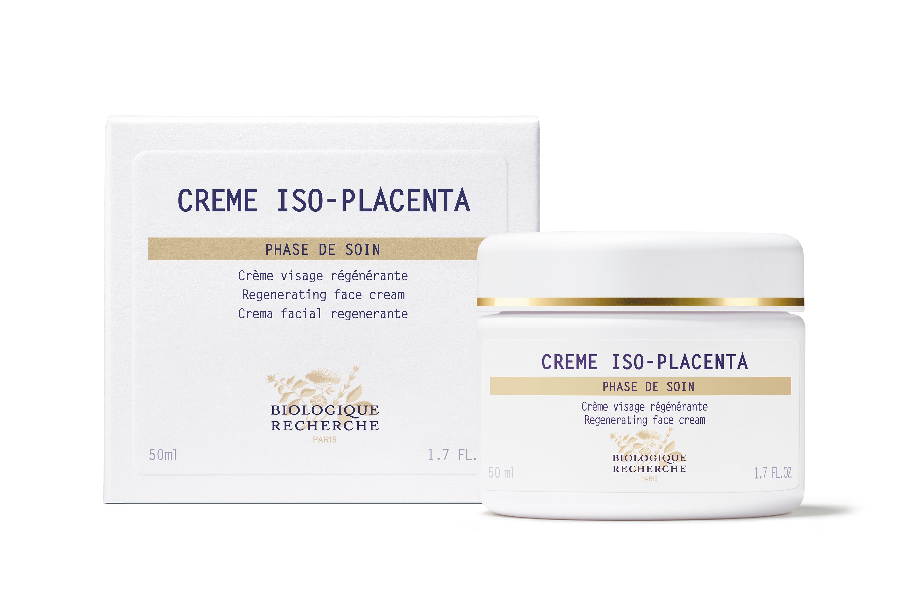 White jar and box packaging of Crème ISO-Placenta regenerating face cream with gold and blue text accents.