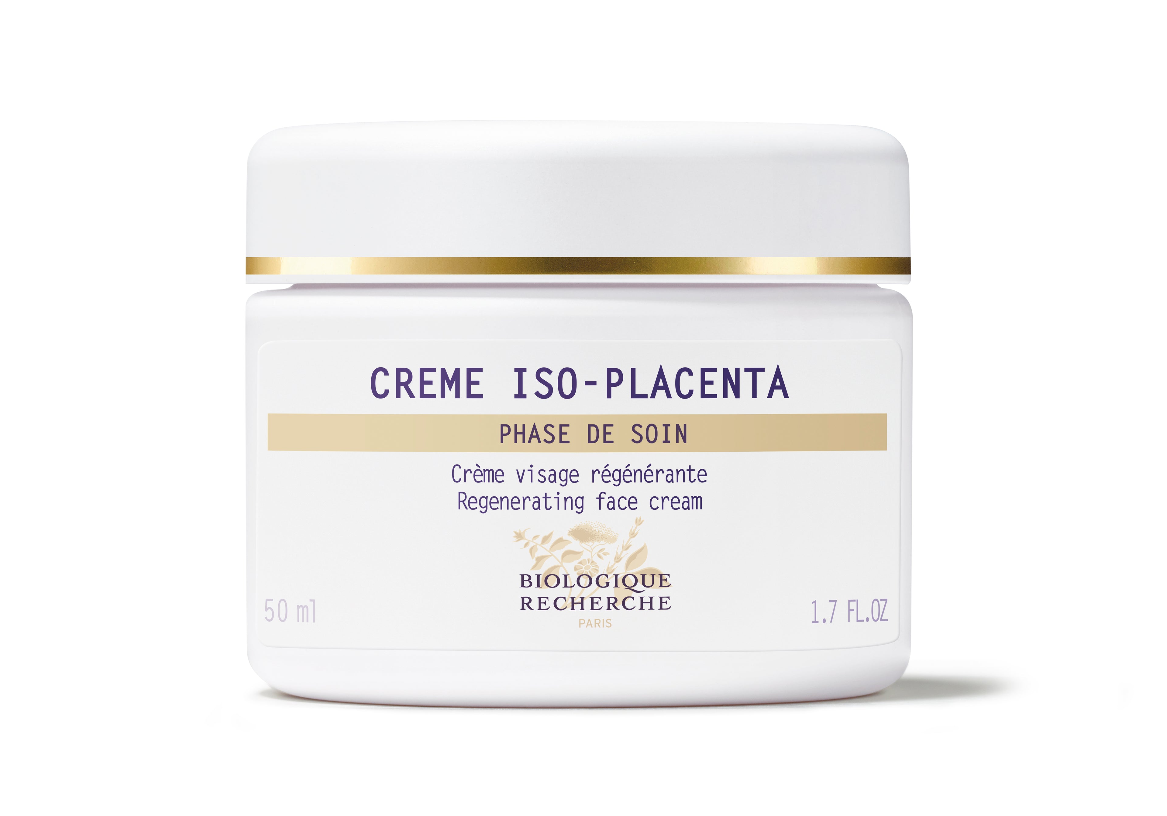 White jar of Crème ISO-Placenta face cream with gold accents and black text on white background.