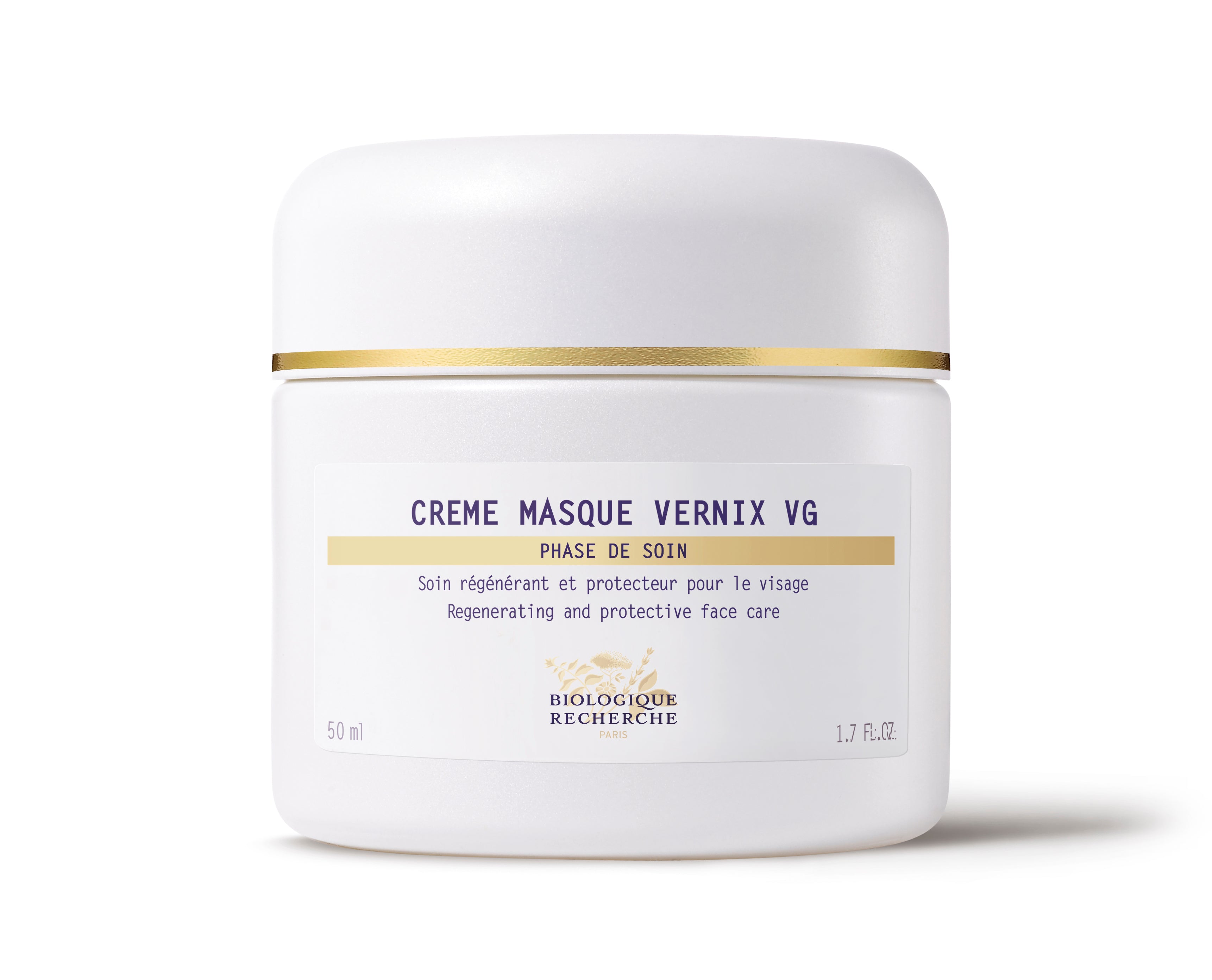 White jar of Crème Masque Vernix VG with gold accent and minimal text on label.
