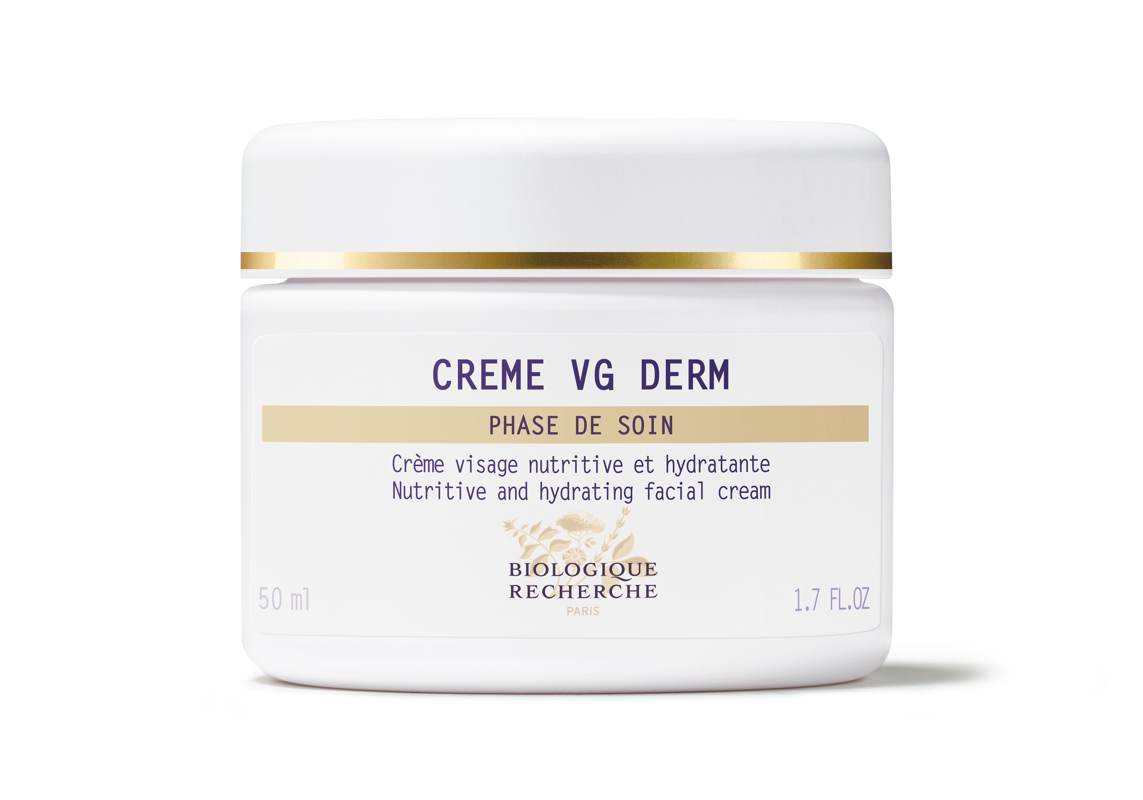 White jar of Crème VG Derm nourishing facial cream with gold accents and navy text.