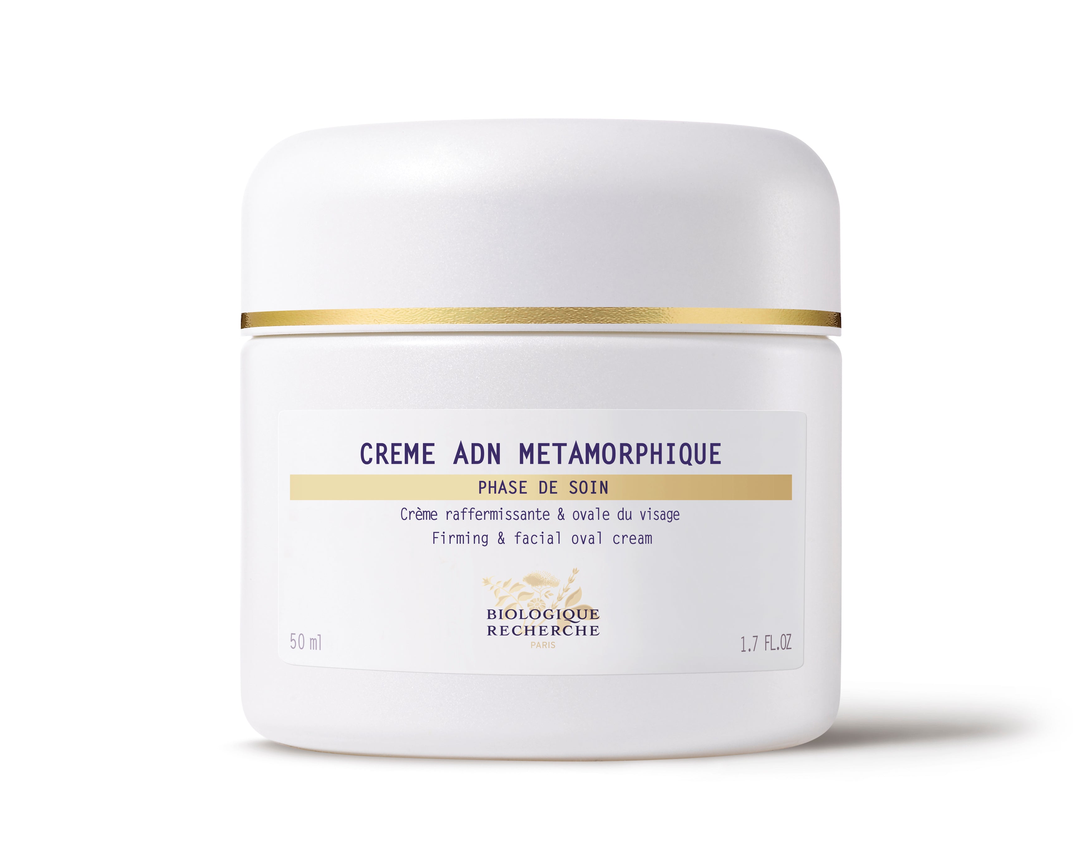 White jar of CRÈME PTO MÉTAMORPHIQUE face cream with gold accents and minimalist label design.