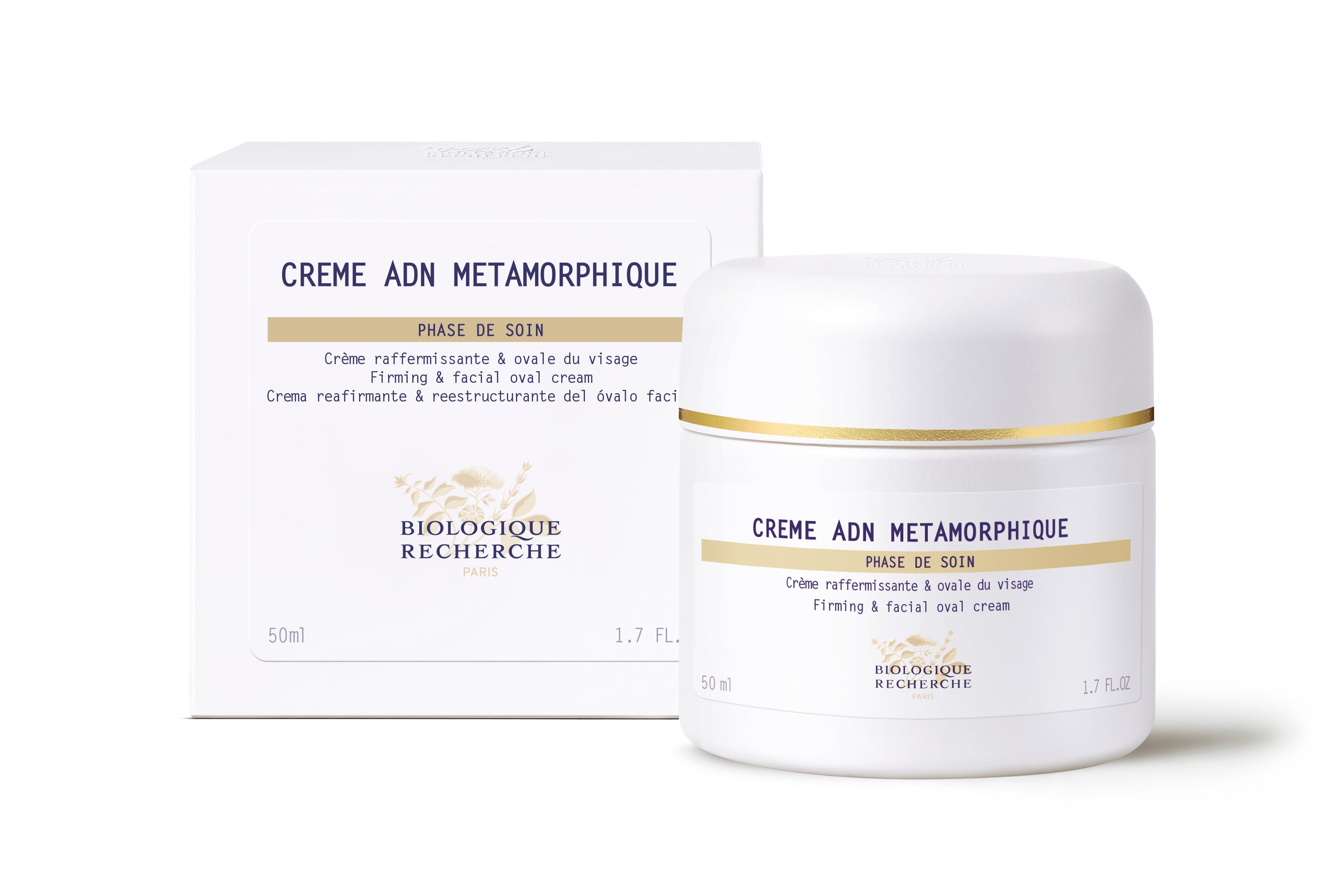 White and gold jar of CRÈME ADN MÉTAMORPHIQUE face cream with matching box from Biologique Recherche.