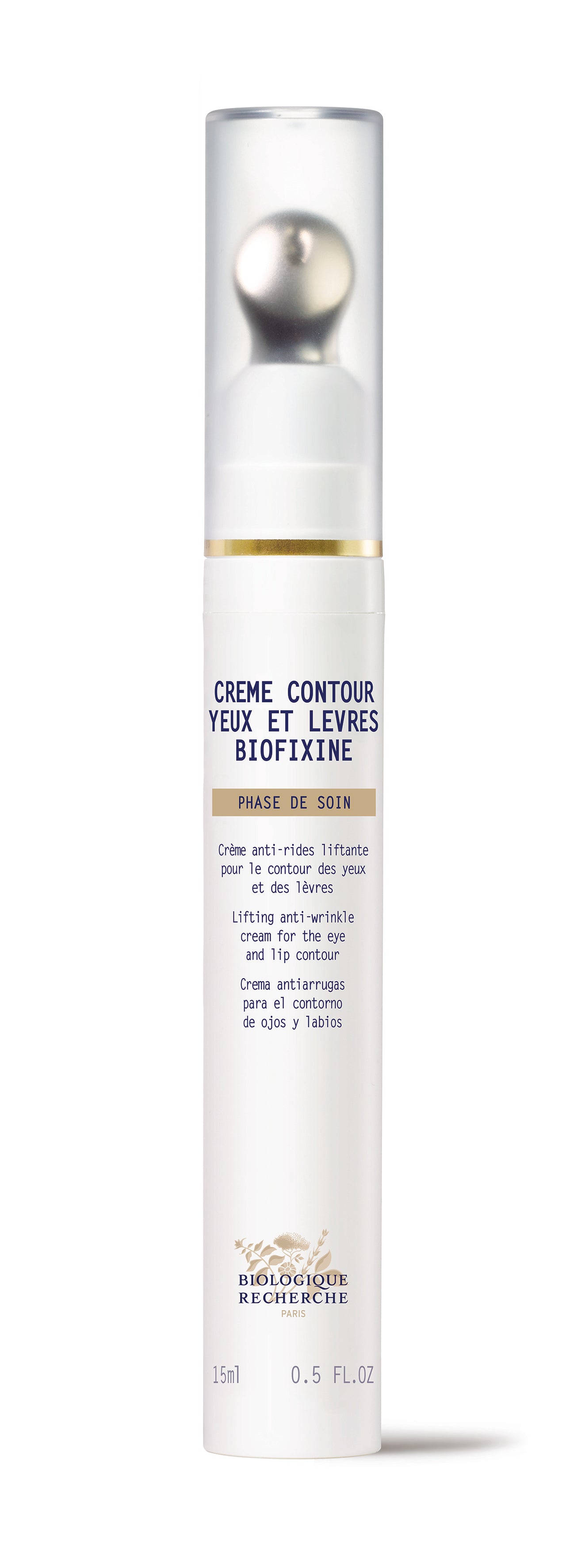 White cylindrical tube of Crème Contour Yeux et Lèvres Biofixine with silver cap and gold accents.