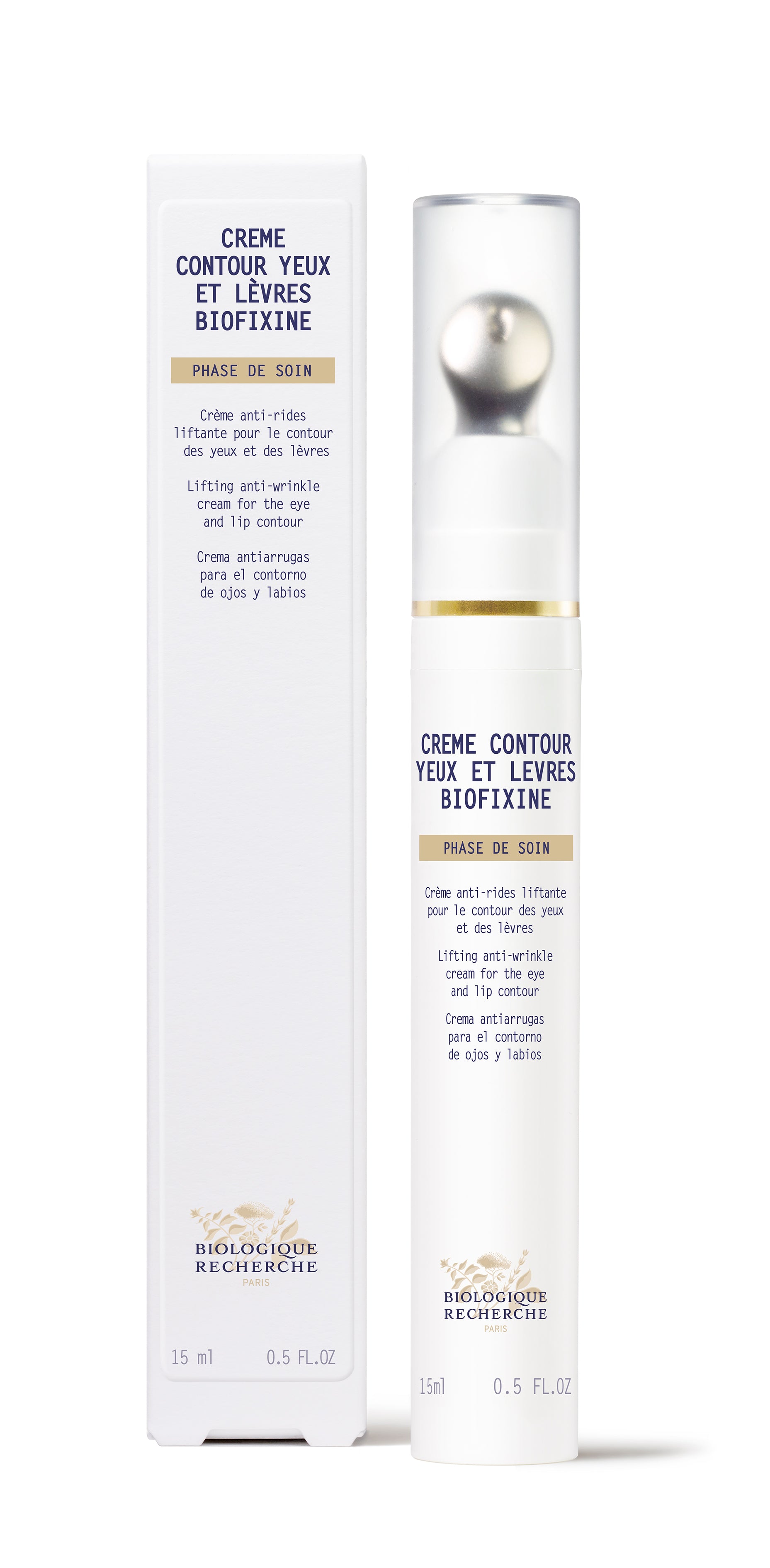 Biofixine Crème Contour Yeux et Lèvres eye and lip cream in slim white tube with silver rollerball applicator and matching.