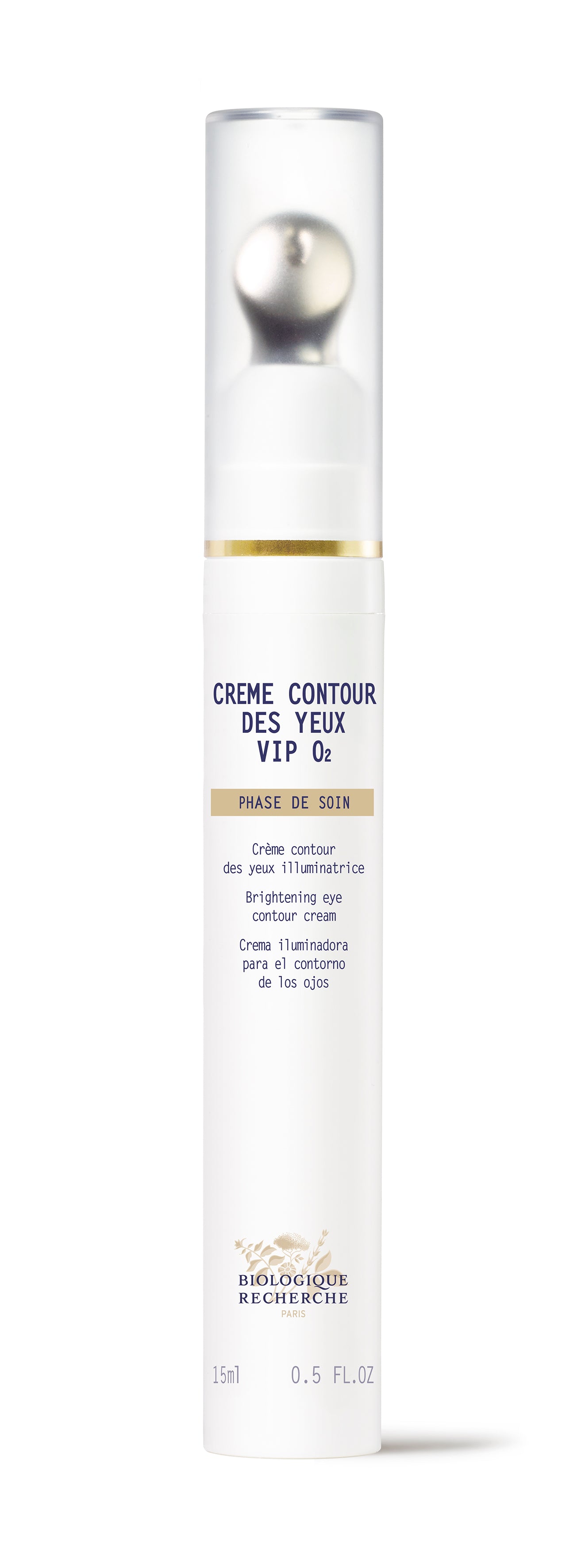 White slim tube of Crème Contour des Yeux VIP O2 eye cream with silver cap and clear applicator tip.
