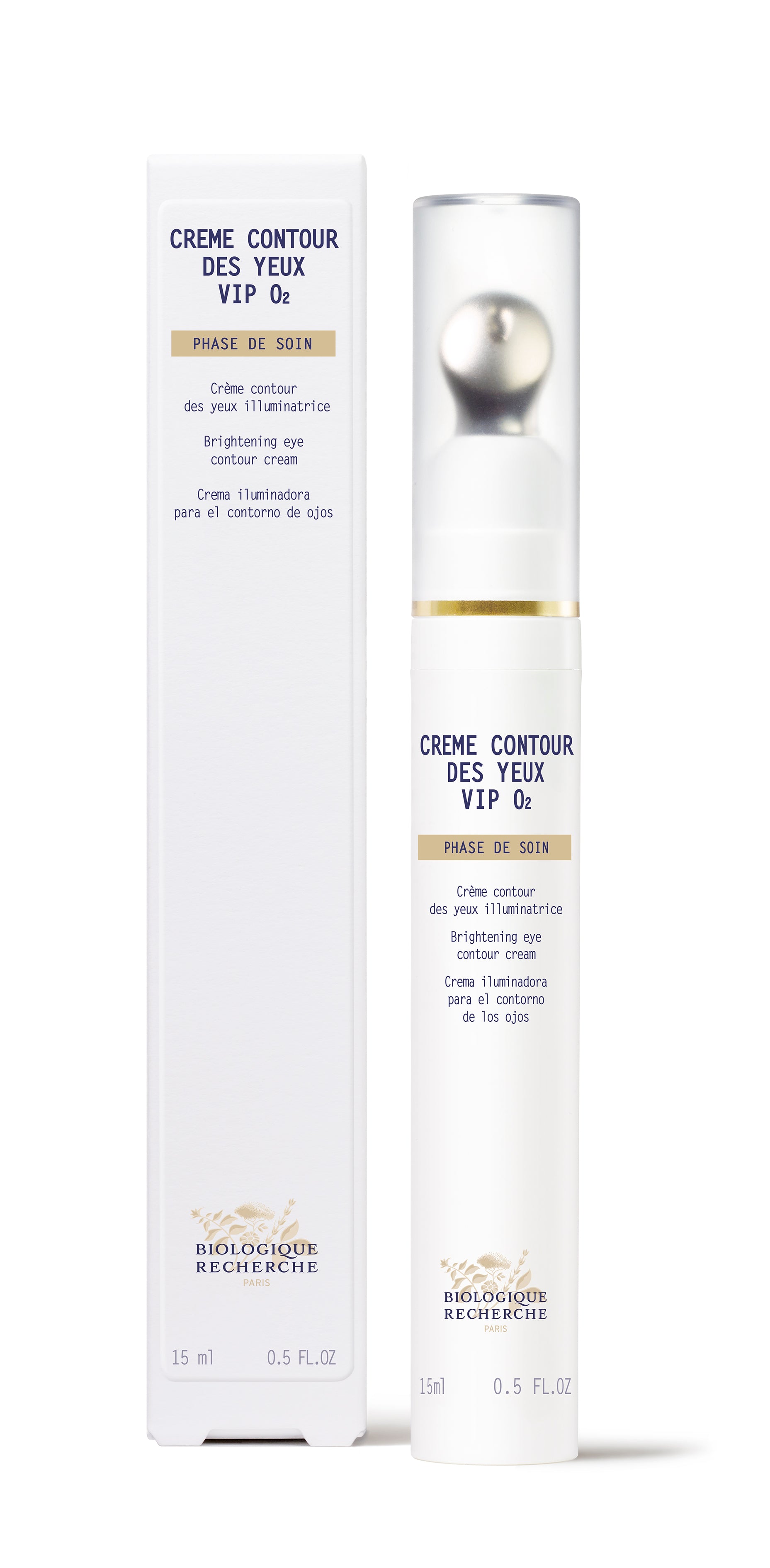 White and gold slim tube of Crème Contour des Yeux VIP O2 eye cream with matching white box and blue text details.