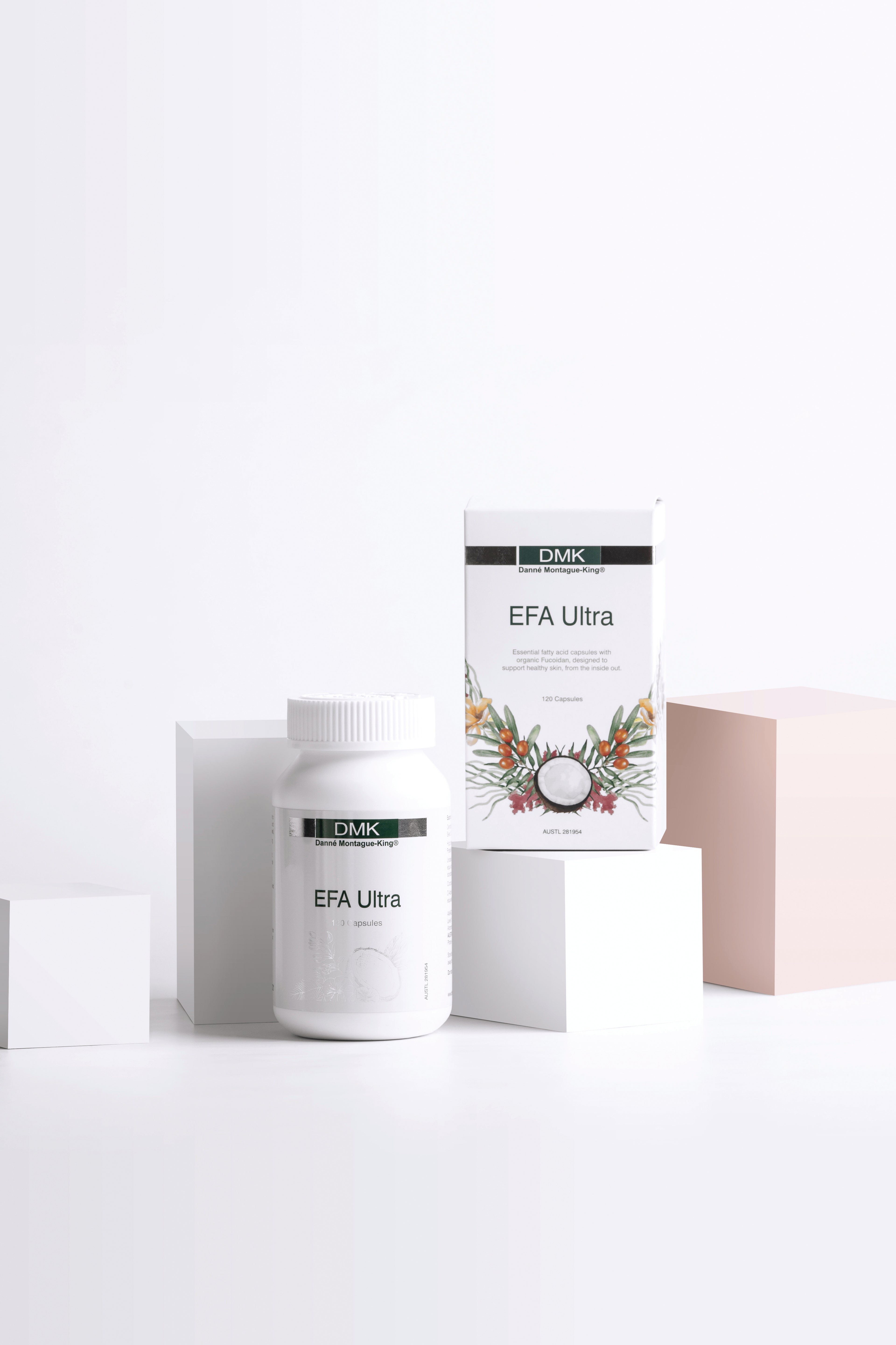 White EFA Ultra supplement bottle and box with green accents and botanical design on white geometric pedestal.