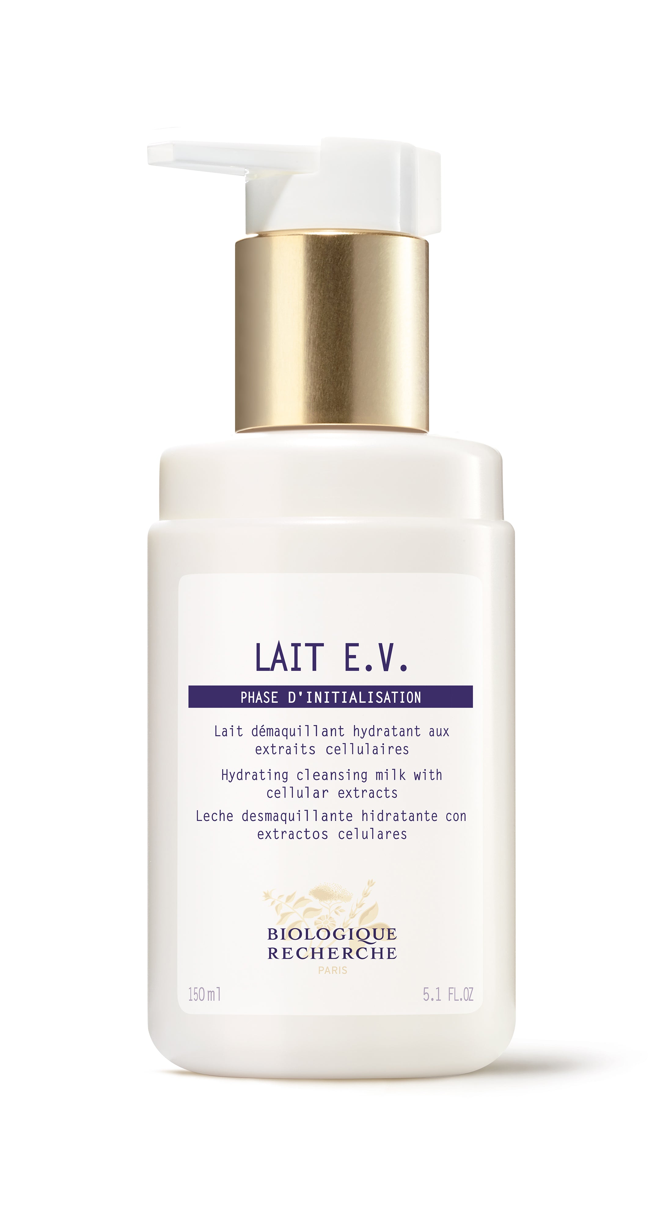 White plastic pump bottle with gold collar labeled Lait E.V. milk cleanser, 150ml size.