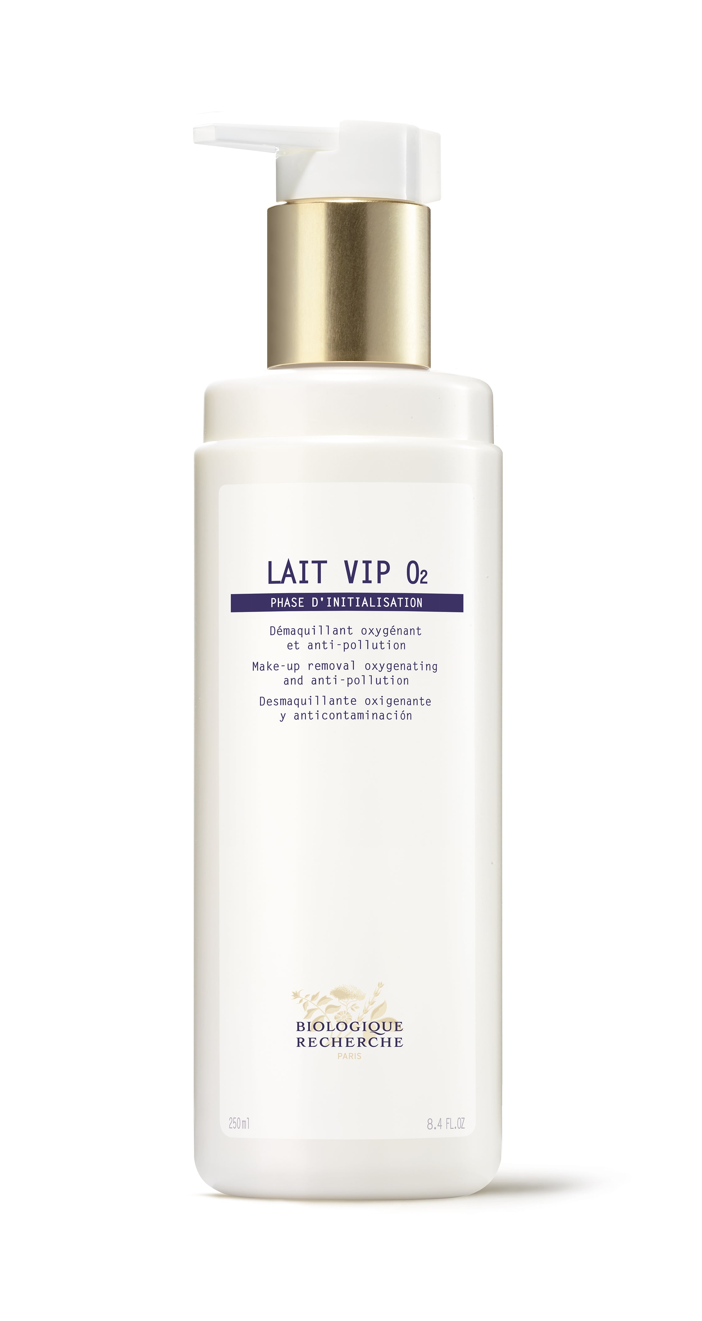 White pump bottle of Lait VIP O2 brightening facial cleanser with gold collar and purple text.
