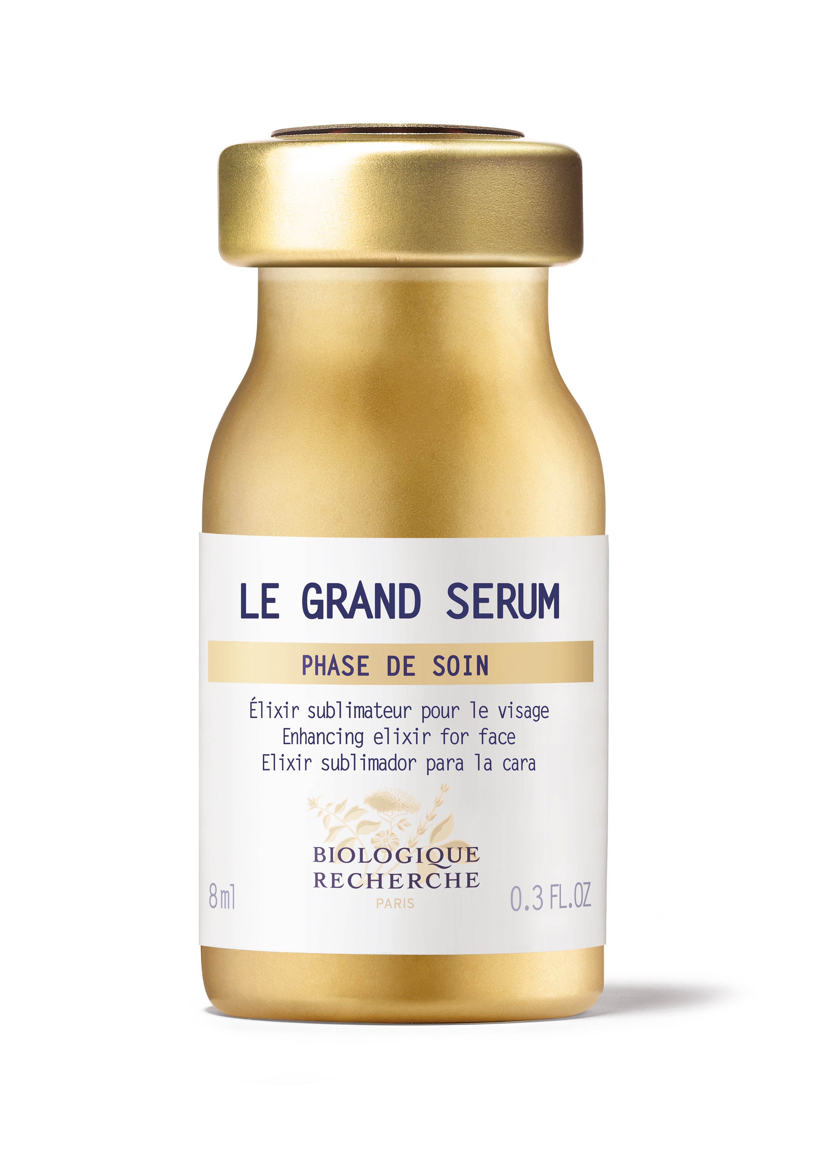 Matte gold bottle with white label and blue text, Le Grand Sérum by Biologique Recherche, 30ml size.