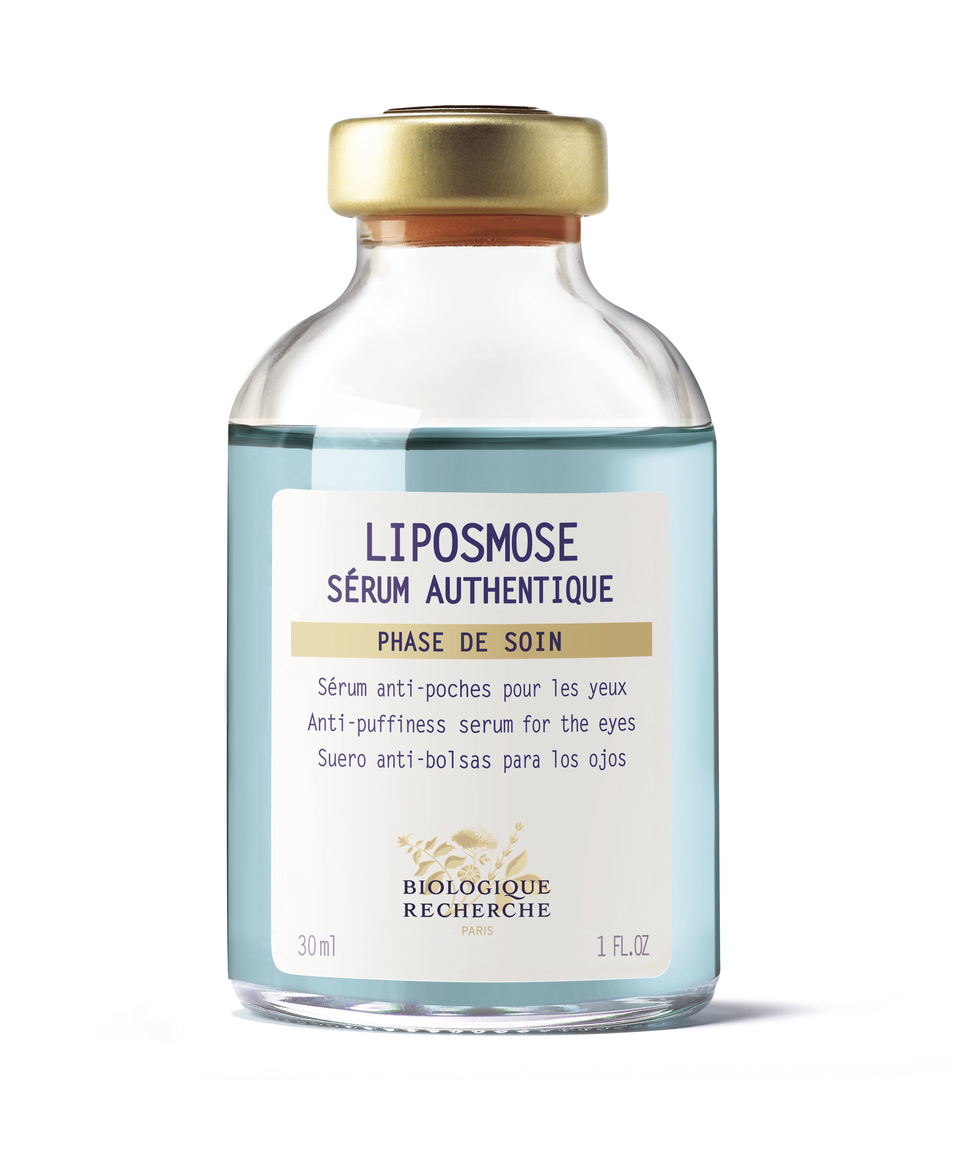 Clear glass bottle with gold cap containing blue Liposmose serum and white label.