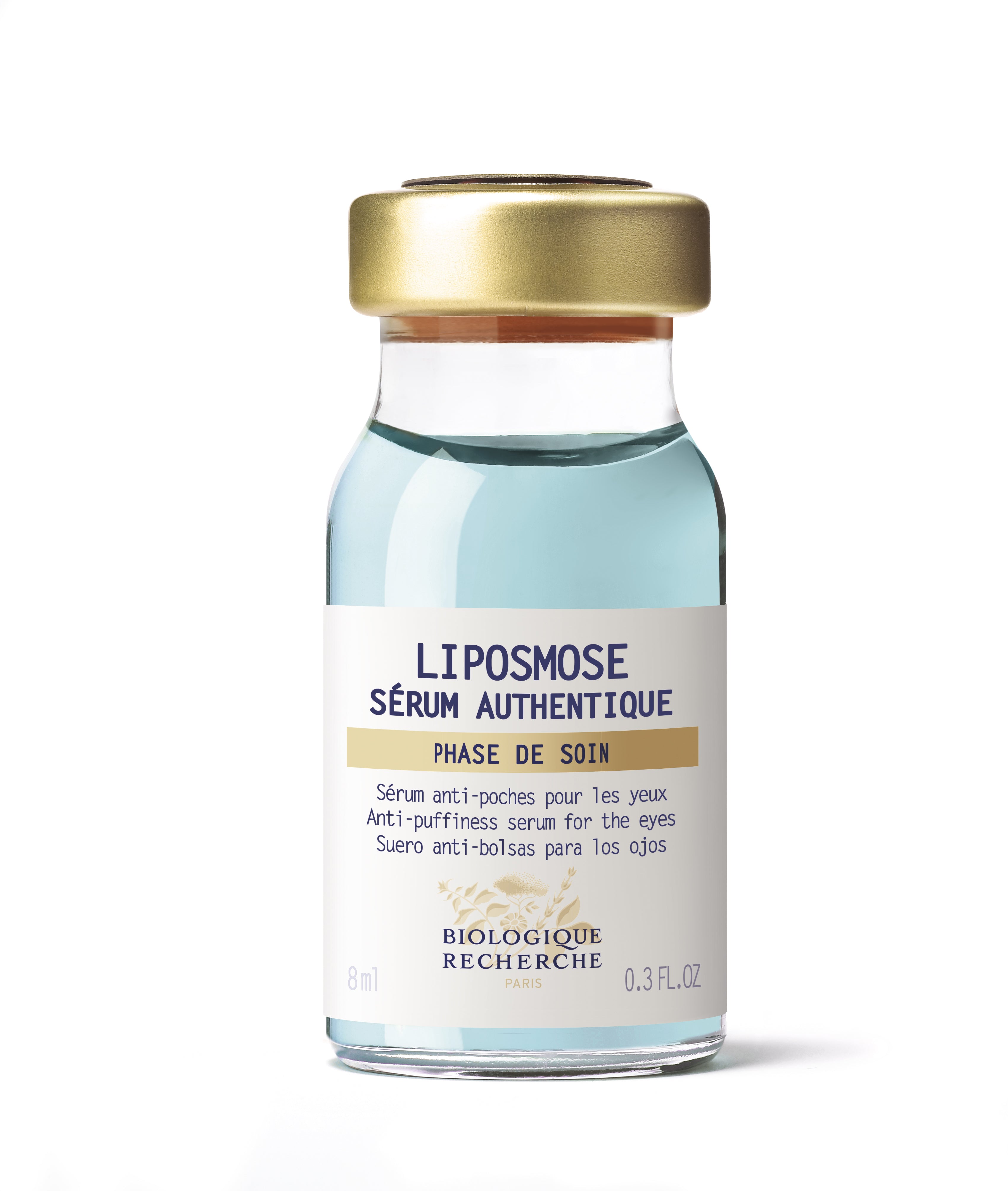 Small clear glass bottle with gold cap containing light blue Liposmose serum labeled for eye care.