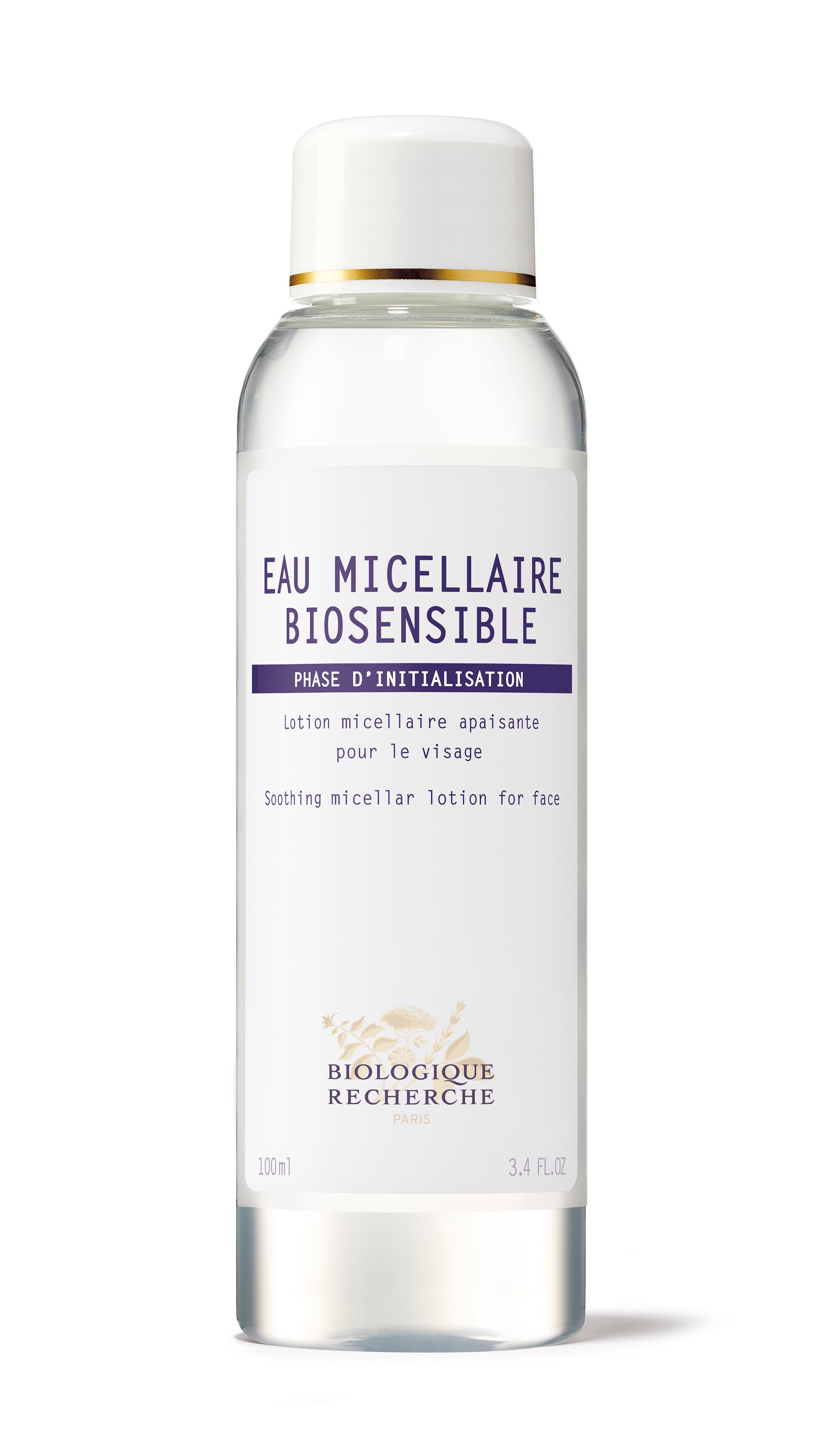 Clear plastic bottle of Eau Micellaire Biosensible with white cap and purple text, 250ml size.