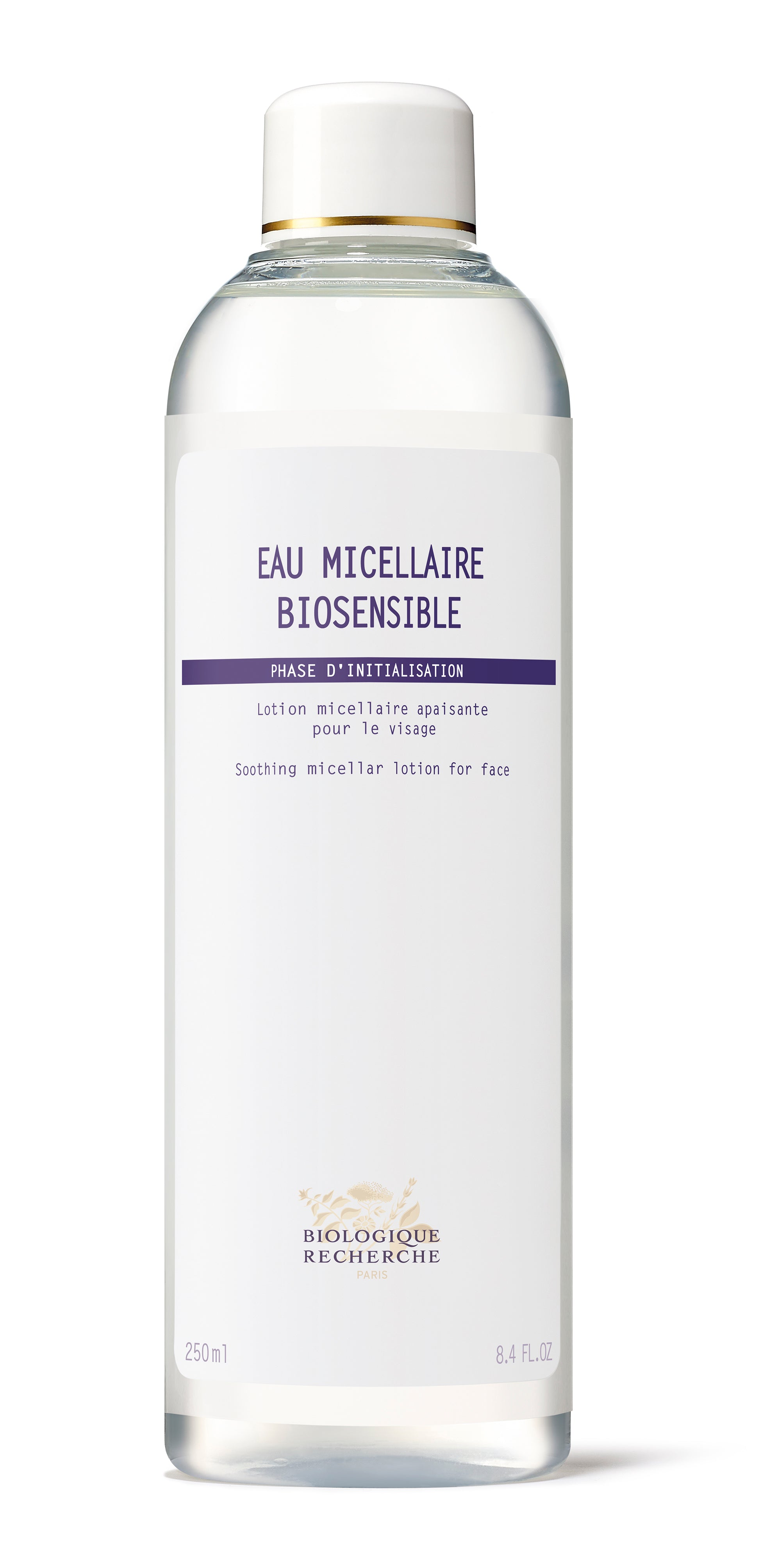 Clear plastic bottle of Eau Micellaire Biosensible with white cap and minimalist white label with purple and black text.