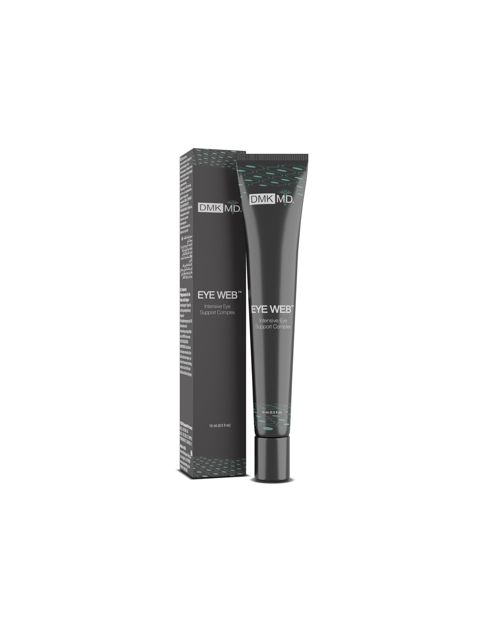 Gray and black tube of MD Eye Web Crème with matching sleek rectangular packaging box.