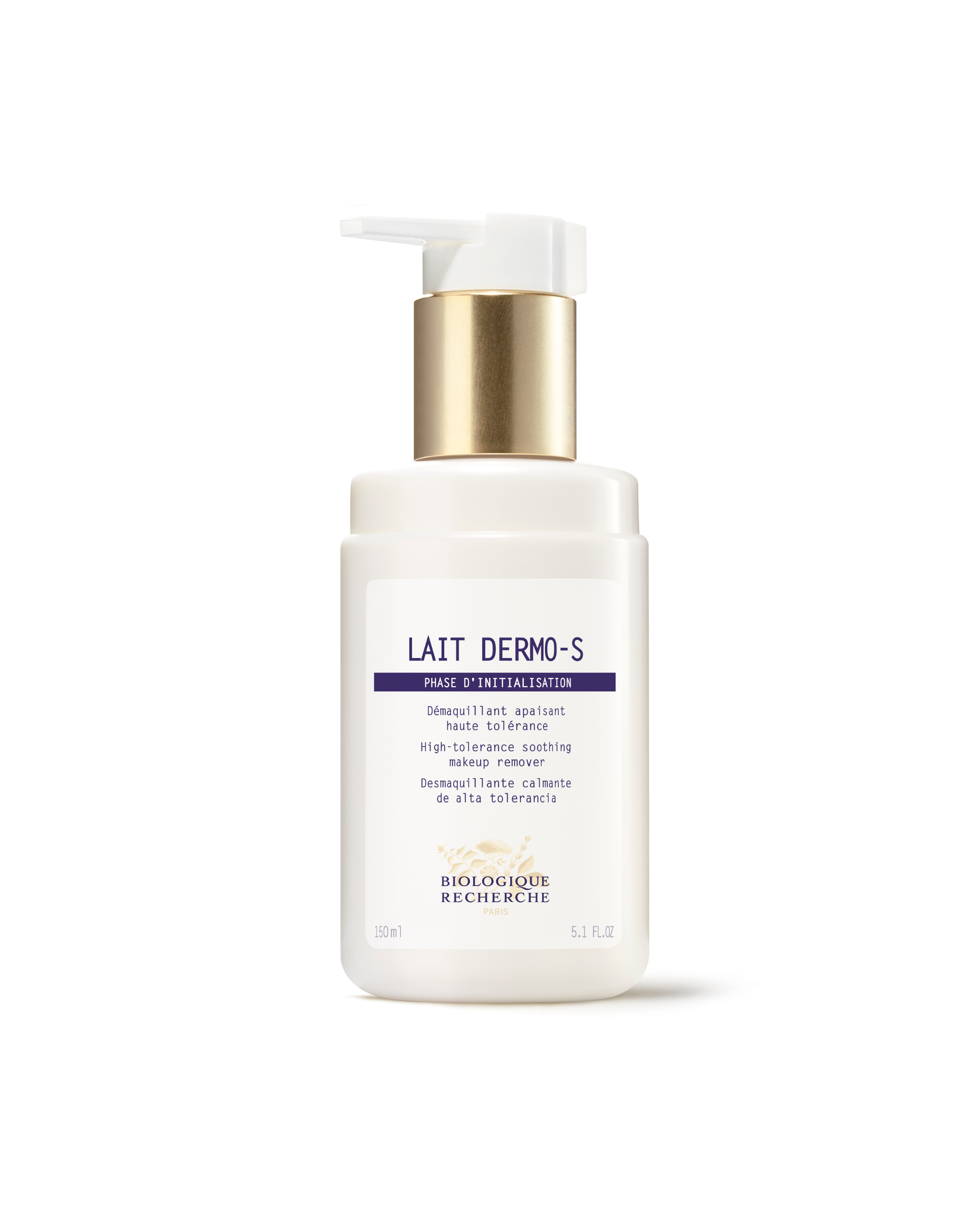 White Lait Dermo-S lotion bottle with gold pump and purple text on label.
