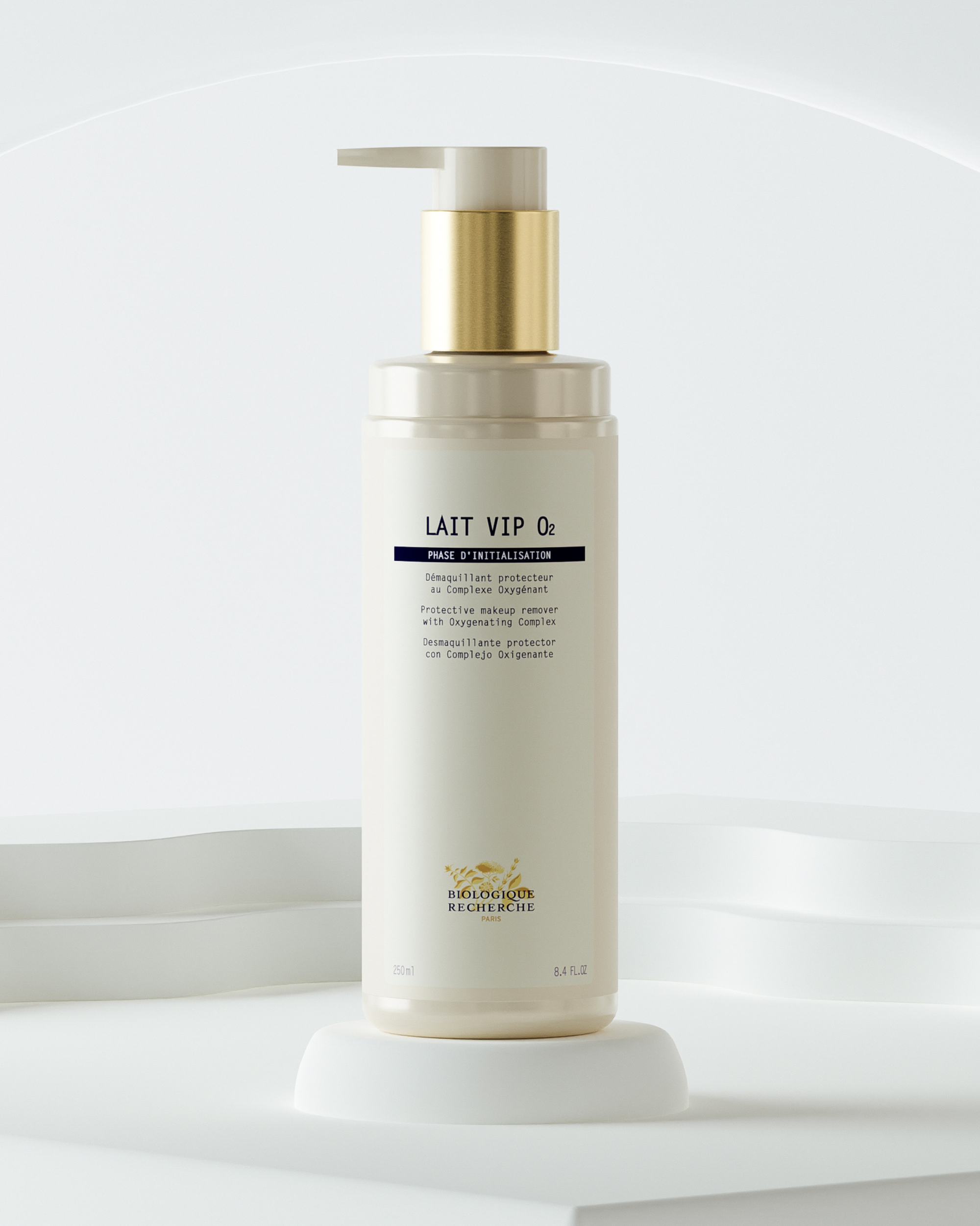 White plastic pump bottle with gold collar labeled Lait VIP O2 by Biologique Recherche, 150ml size.