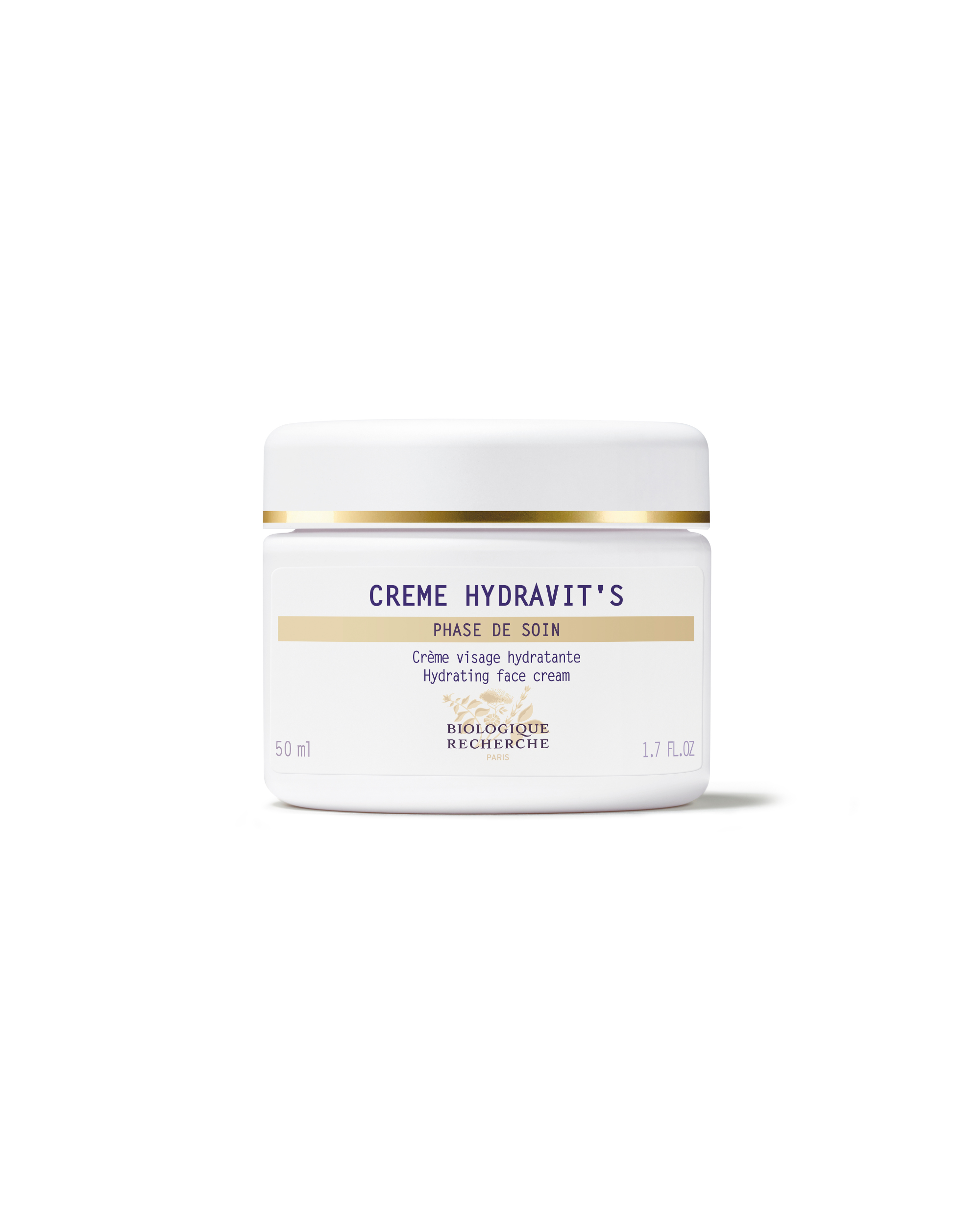 White jar of Crème Hydravit’S moisturizing face cream with gold accents and purple text on the label.