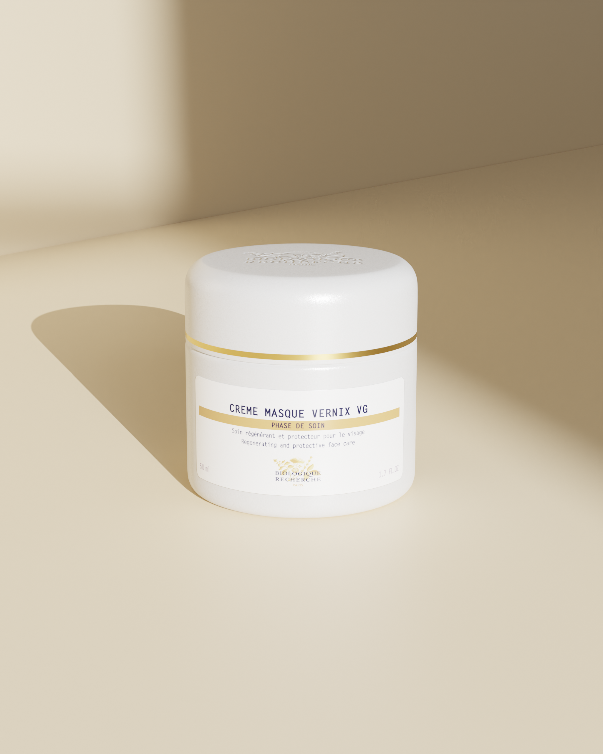 White jar of Crème Masque Vernix with gold and black text on minimalist beige background.